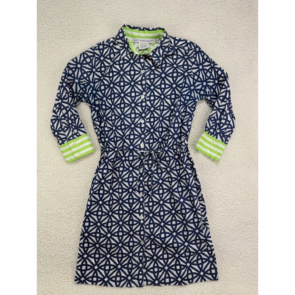 Gretchen Scott Cotton Pulley Shirt Dress Size XS Blue White Print Lime Cuffs